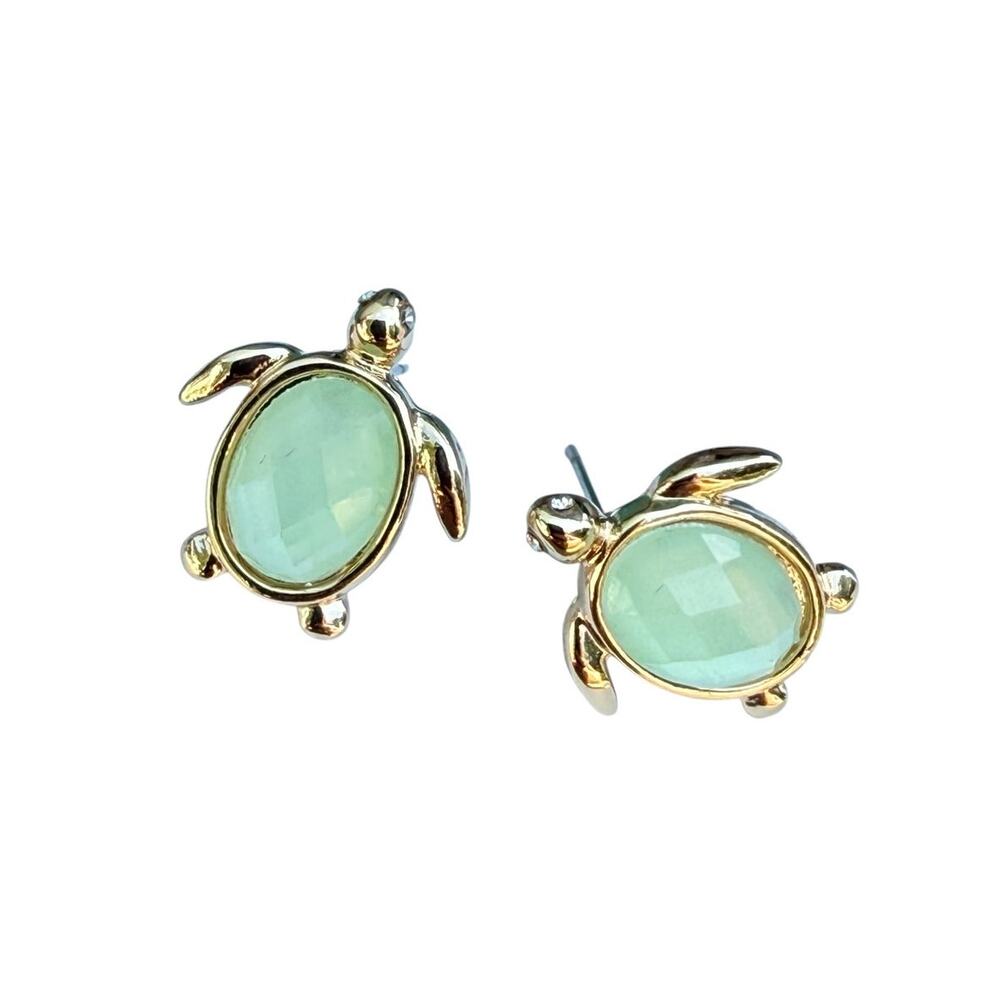 MONET Sea Turtle Post Earrings Aqua Minet Faceted Glass Gold Tone Modern Beach - Picture 1 of 7